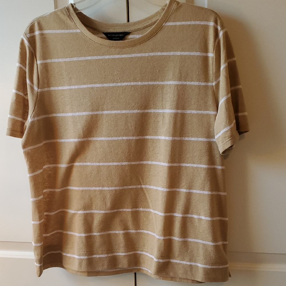Banana Republic Linen Blend Tan Striped T-Shirt